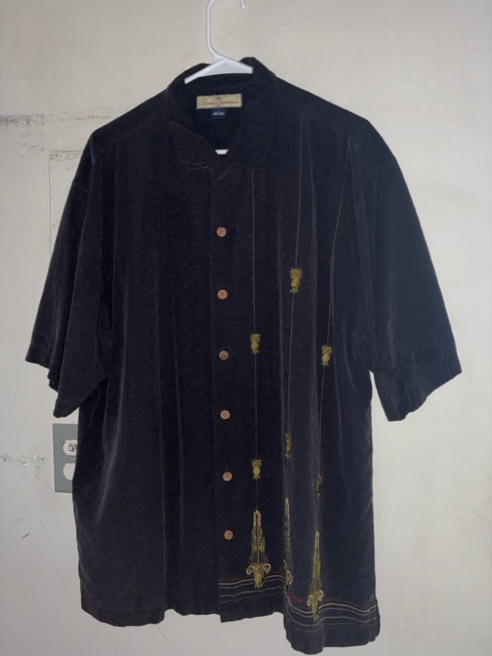 Tommy Bahama Silk Embroidered Camp Shirt Black Mens L